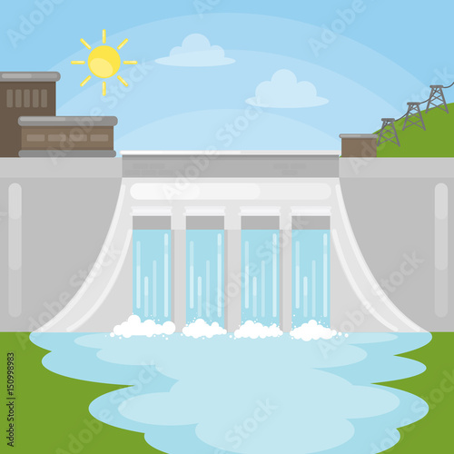 Hydropower dam illustration. Sun with water. Reneable energy