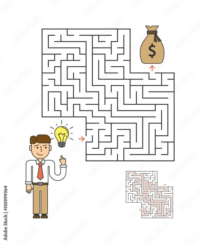 Way to money through the maze. Businessman thinks about ideas. Way to money through the maze. Businessman thinks about ideas.