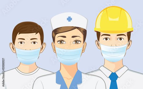 Group of people include nurse and kid and engineer wearing breath mask for protect dust particles and bacteria pass into nose. 