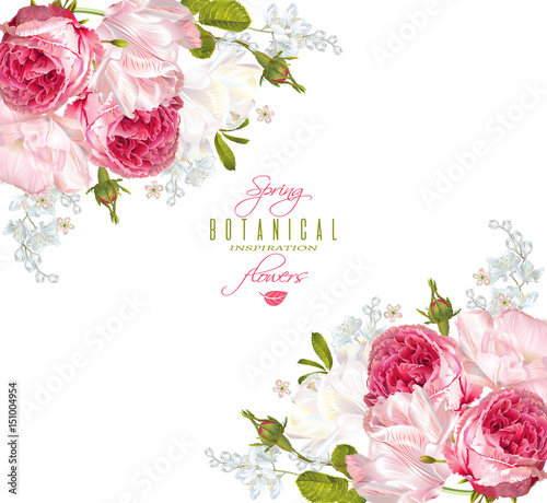 Vector corner banner with garden roses and tulip flowers on white background....