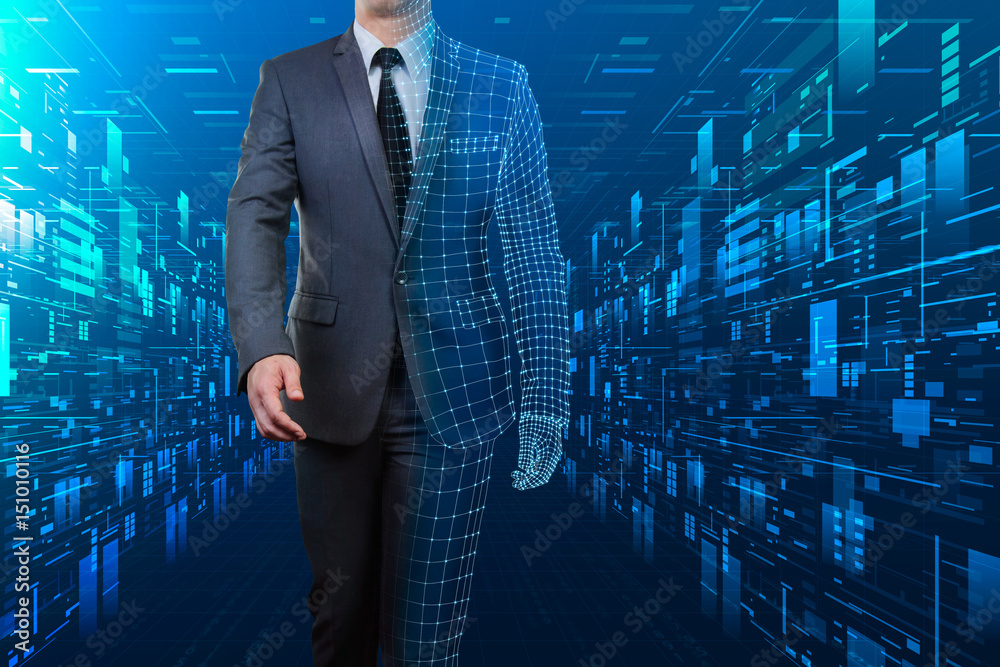 Fotografie businessman with half wireframe walking through abstract cyberspace