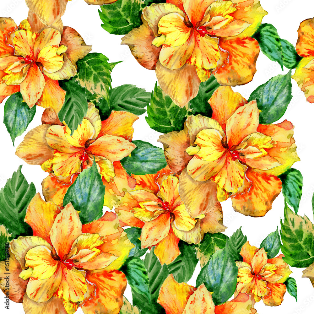 Wildflower hibiscus flower pattern in a watercolor style isolated. Wildflower hibiscus flower pattern in a watercolor style isolated.