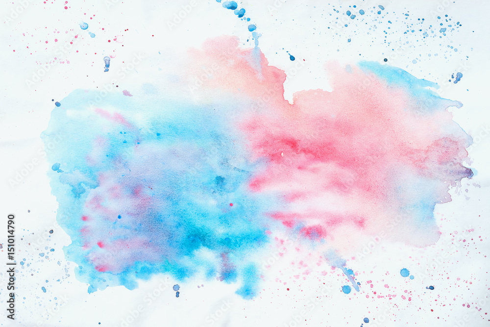 Abstract colorful watercolor hand drawn image for splash background, pink and blue shades on white. Artwork for creative banner, card, template, design