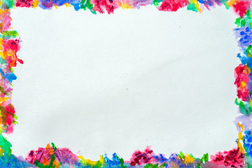 Colorful border for text or banner, card, template, design, formed by hand painted bright flowers with blots, splashes of watercolor. Abstract background