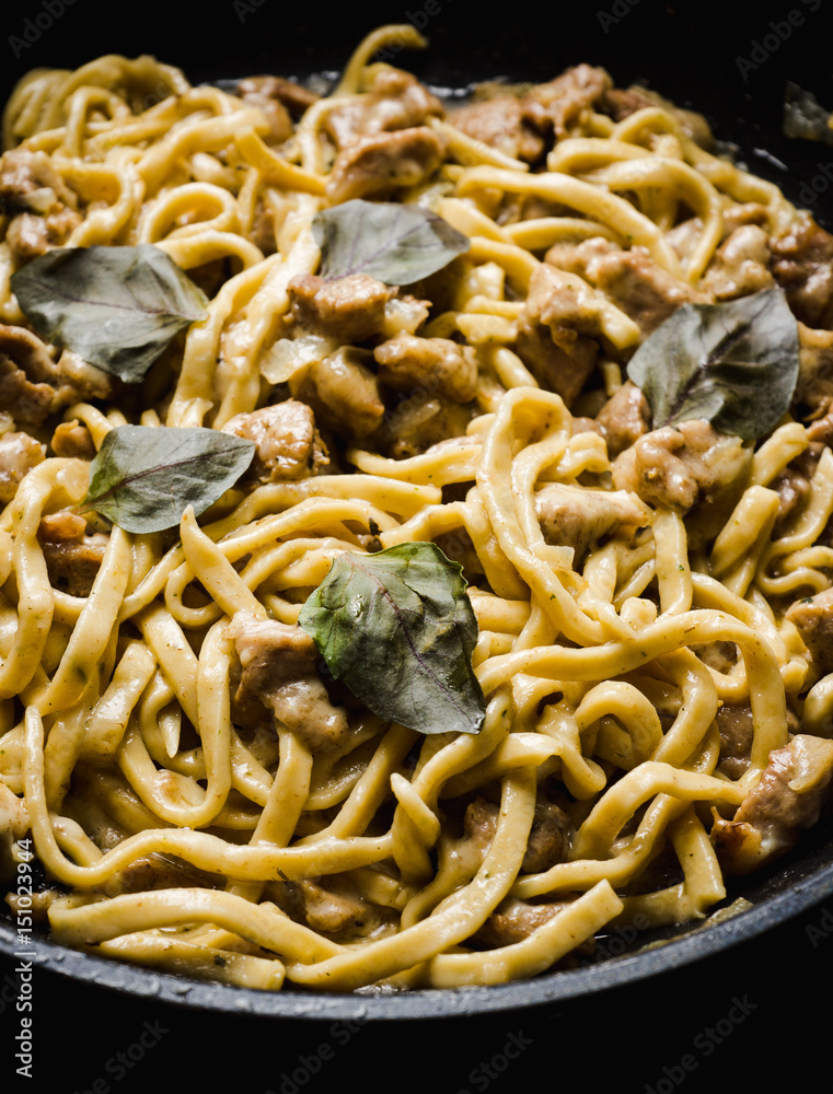 Fresh homemade fettuccini pasta with meat, cheese and basil on the black rustic background Fresh homemade fettuccini pasta with meat, cheese and basil on the black rustic background