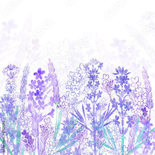 Floral background with  lavender flowers and place for text. Watercolor illustration on a white background. Invitation, greeting card or an element for your design.