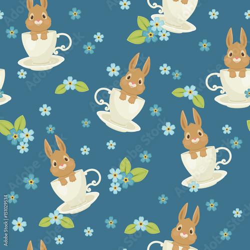 Rabbit/bunny sitting in a cup seamless pattern.