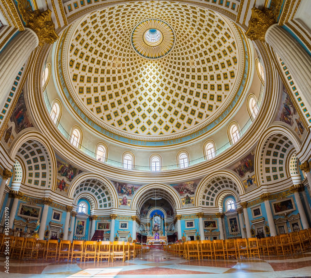 Panoramic interior shot of Mosta Dome in Mosta, Malta. Church of the Assumption of Our Lady known as Rotunda of Mosta the third largest church in Europe