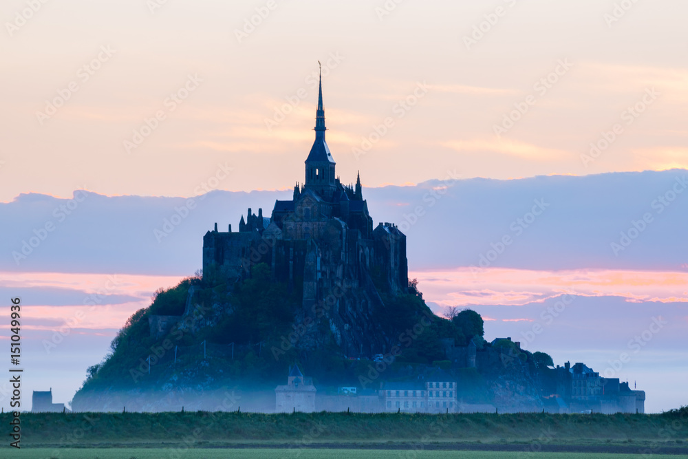 Fototapeta premium .Idyllic Sunrise at Mont Saint-Michel Abbey, Normandy, France, Western Europe