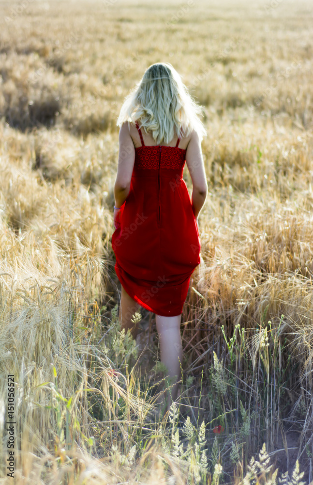 Beautiful blond woman in a red dress, on a wheat field at sunset Stock ...