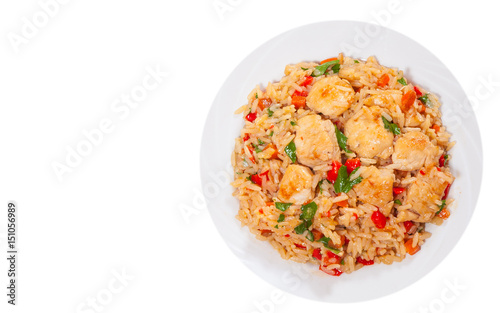 Chicken Breast with Rice and vegetables. top view. isolated on white