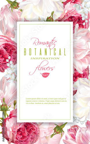 Vector vertical frame with garden roses and tulip flowers on white background...