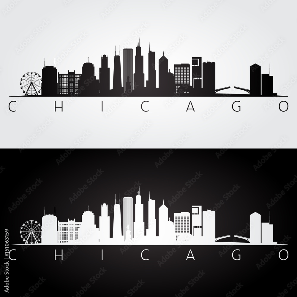 Obraz premium Chicago USA panoramę i zabytki sylwetka, czarno-biały projekt.