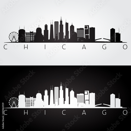 Chicago USA skyline and landmarks silhouette, black and white design.