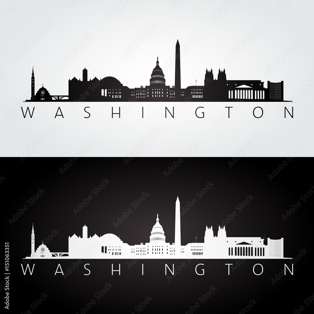 Washington USA skyline and landmarks silhouette, black and white design.