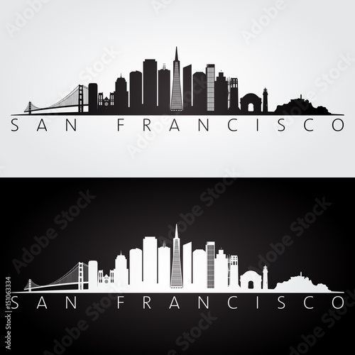 San Francisco USA skyline and landmarks silhouette, black and white design.