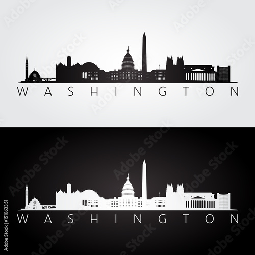 Washington USA skyline and landmarks silhouette, black and white design.