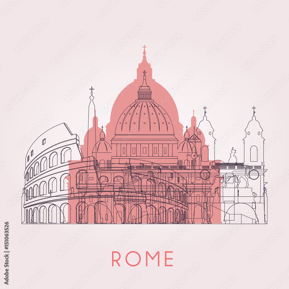 Outline Rome skyline with landmarks.