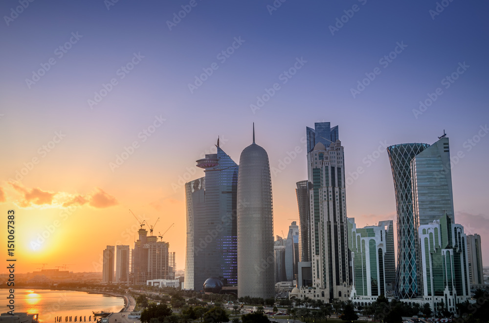 Doha, Qatar skyscrapers at sunset