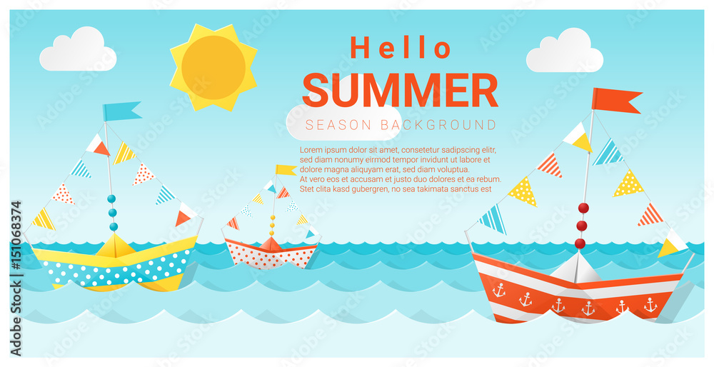Naklejka premium Hello summer background with colorful paper ship , vector , illustration