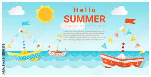Hello summer background with colorful paper ship , vector , illustration