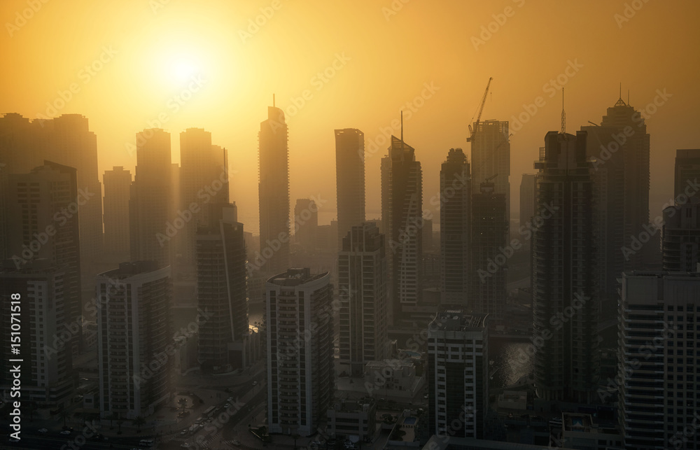 Dubai Marina sunset in summer. May 2017