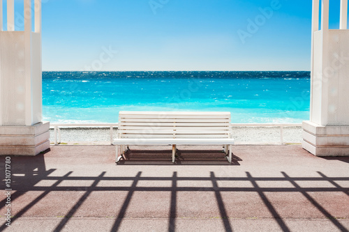 White bench on the Promenade des Anglais in Nice, France