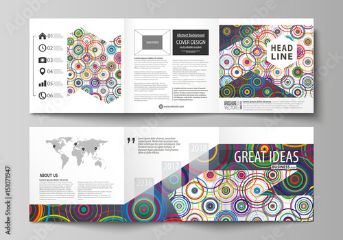 Set of business templates for tri fold square design brochures. Leaflet cover, abstract flat layout, easy editable vector. Bright color background in minimalist style made from colorful circles.