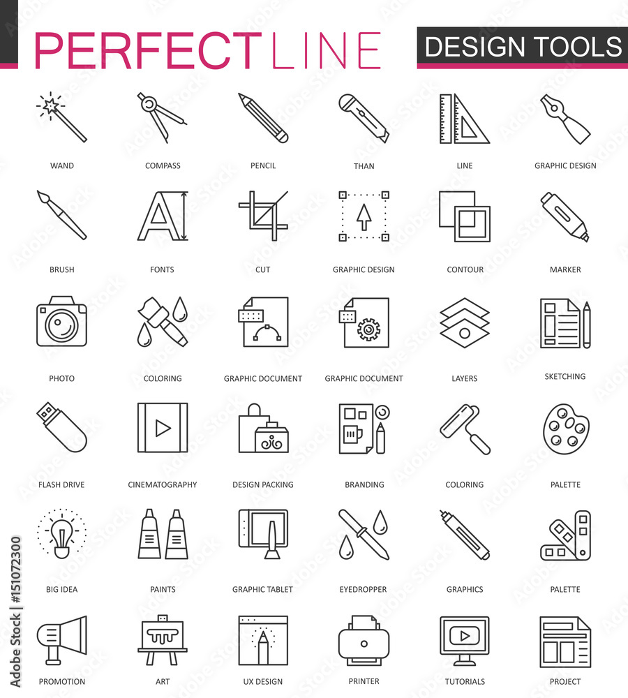 Graphic design program tools icon palettes thin line web icons set.  Interface outline stroke icon design. Stock Vector