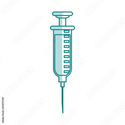green shading silhouette cartoon needle syringe with liquid and inchs vector illustration