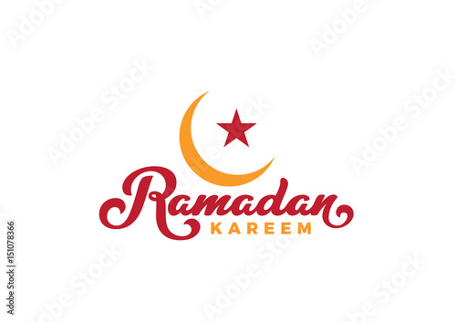 Ramadan Kareem text Vector Lettering greeting card design template..Vintage retro calligraphic typography poster with Moon and Mosque.