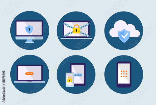 Computer security. Flat icon set.