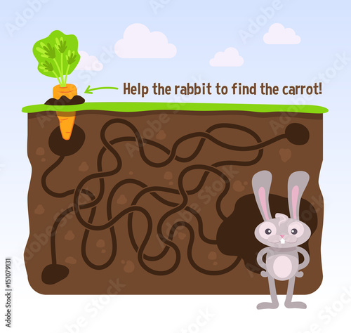 Help the rabbit to find the carrot! Vector maze game.