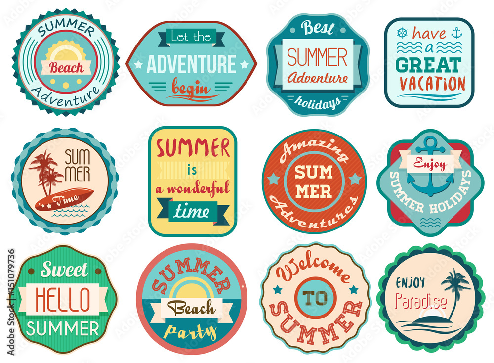 Vintage retro grunge summer vacation travel labels and badges stickers icons set.
