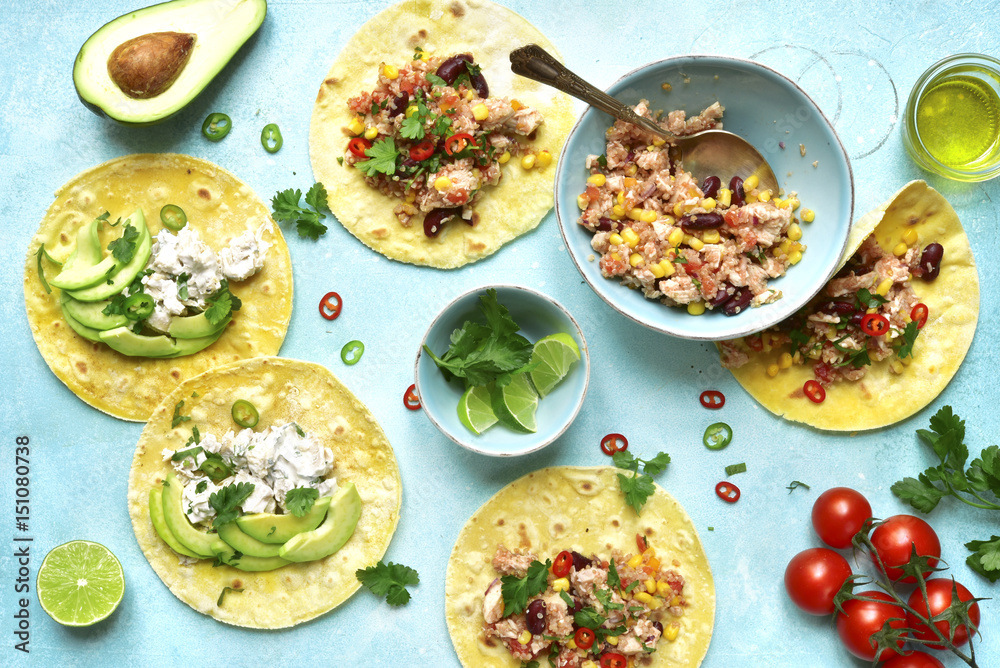 Assortment of chicken tacos - traditional dish of mexican cuisine.Top view. Assortment of chicken tacos - traditional dish of mexican cuisine.Top view.