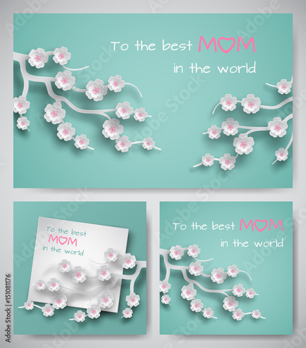 Set of green greeting cards or banners for mother's day. Sheet of paper with congratulation text, backgrounds decorated cuted paper branches of cherry flowers, paper cut art style. Vector illustration
