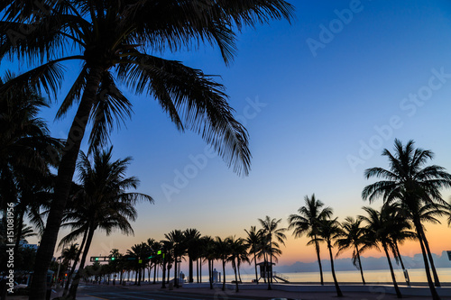 Gorgeous dawn over the sea with a silhouette of palms at Fort Lauderdale beach.
