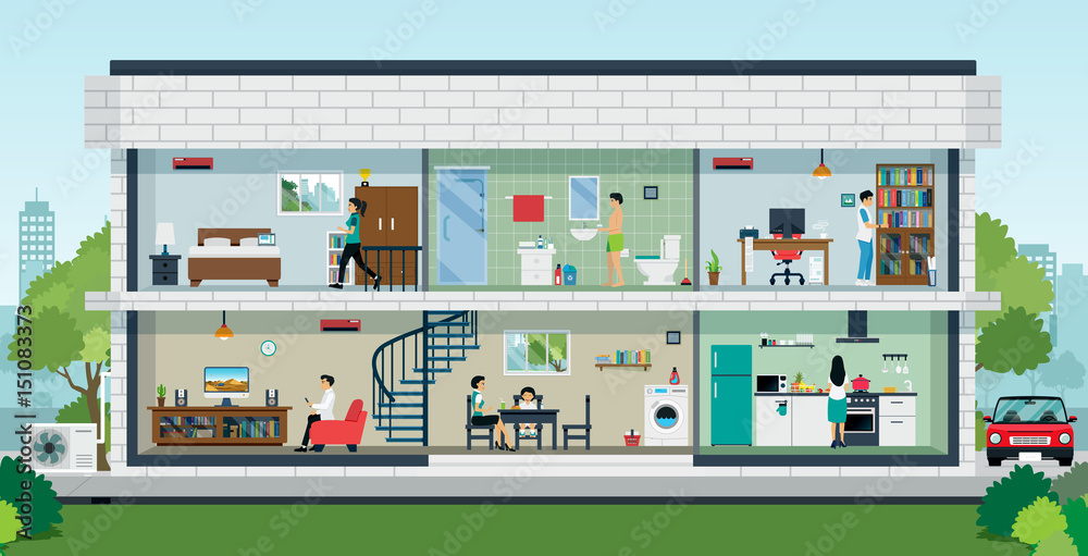 Inside a family home with various room and home members. Inside a family home with various room and home members.
