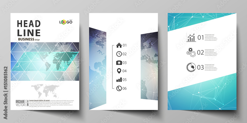 The vector illustration of editable layout of three A4 format modern covers design templates for brochure, magazine, flyer, booklet. Molecule structure, connecting lines and dots. Technology concept. - obrazy, fototapety, plakaty 