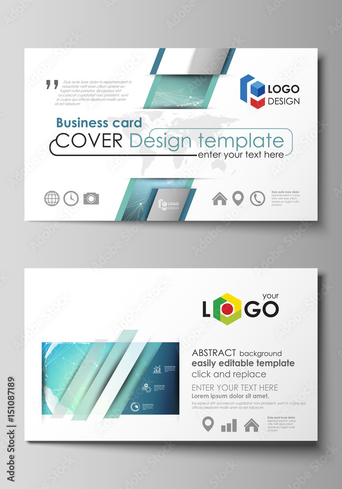 Fototapeta premium The minimalistic abstract vector illustration of the editable layout of two creative business cards design templates. Chemistry pattern, molecule structure, geometric design background.