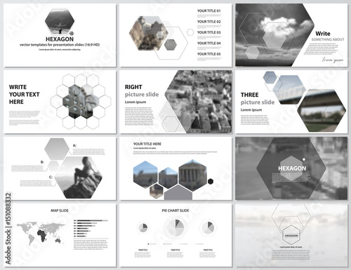 The minimalistic abstract vector illustration of editable layout of high definition presentation slides design business templates. Hexagonal style decoration for flyer, report, advertising, brochure.