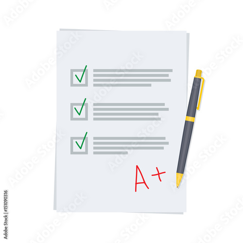 good exam results paper sheet with pen