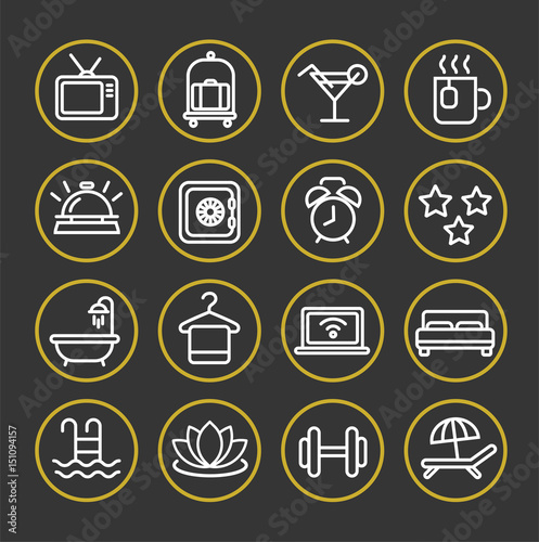 Hotel services. Line icon set.