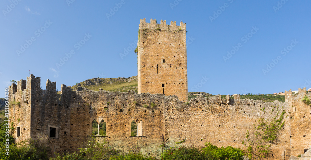 Remains of the castle in the Garden of Ninfa in the province of Latina, Italy, Europe