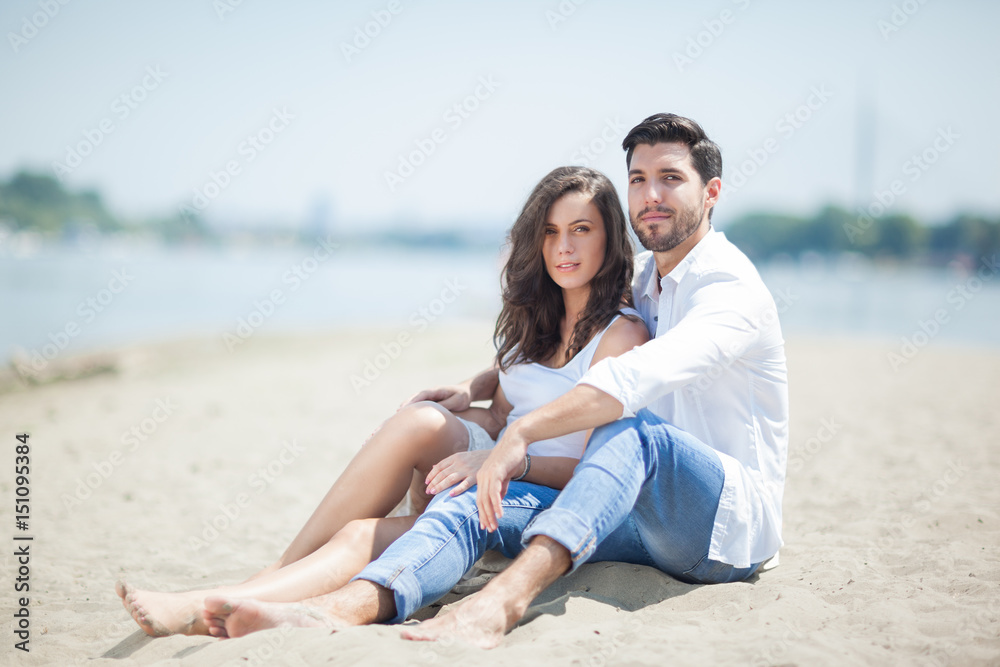 Fototapeta premium happy couple in love on beach,copy space.selective focus.