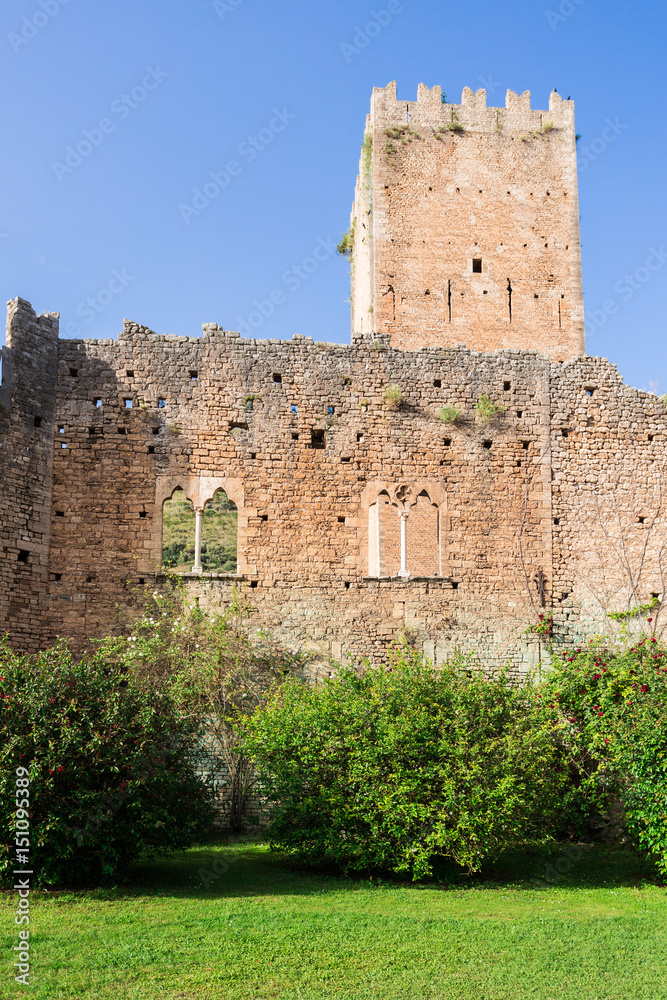 Remains of the castle in the Garden of Ninfa in the province of Latina, Italy, Europe
