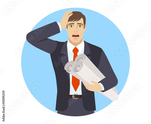 Businessman holding the project plans and grabbed his head