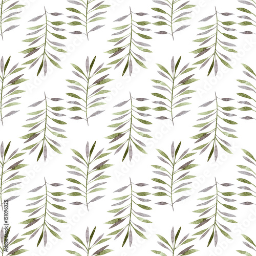 Green watercolor hand drawn leaves and branches for wallpaper or textile design. Seamless pattern.
