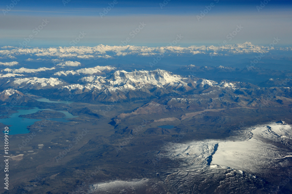 aerial view of Cerro San Lorenzo, Cerro San Valentin, Perito Moreno national park and the northern patagonian ice field