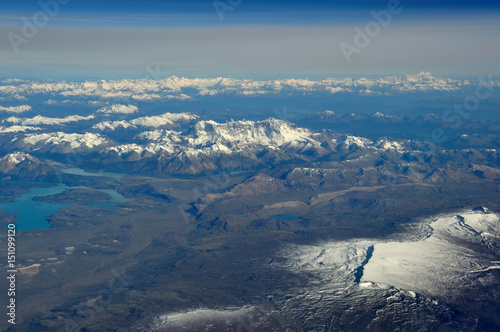 aerial view of Cerro San Lorenzo, Cerro San Valentin, Perito Moreno national park and the northern patagonian ice field